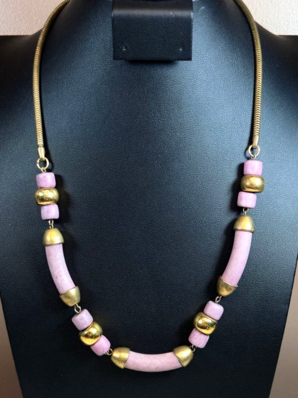 Vintage Signed Tortolani Chunky Mauve Purple Ceramic & Brass Bead Necklace MCM
